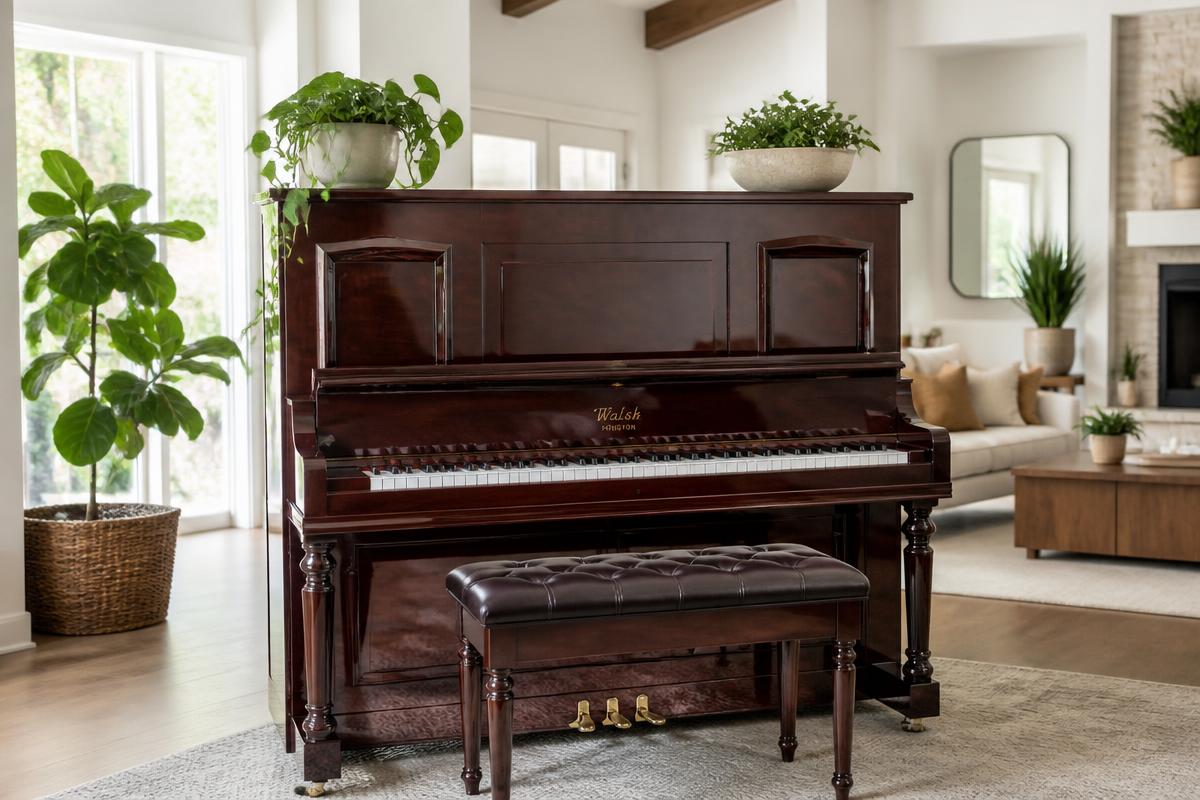 Restored upright piano in a North Texas living room